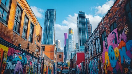 Fototapeta premium Sleek high-rise skyscrapers piercing the sky, with colorful street art murals embellishing the lower walls, a blend of high-tech design and gritty urban vibrancy