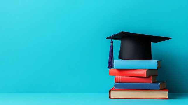 Graduation cap resting on stacked books with space for text, symbolizing education, achievement, and new beginnings. Ideal for academic success, graduation themes, and learning