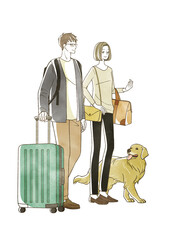 旅行をする男女と犬