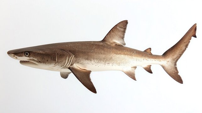 dogfish shark Squalus acanthias is presented against a white backdrop highlighting its sleek body and notable characteristics. This species is recognized for its adaptability.
