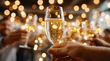Diverse group of friends toasting with sparkling wine, golden reflections, intimate gathering in a stylish urban loft, modern furniture in the background