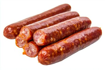 A row of hot dogs are sitting on a white background