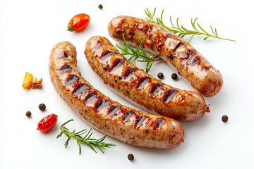 Three hot dogs are grilled and served on a white plate with some herbs