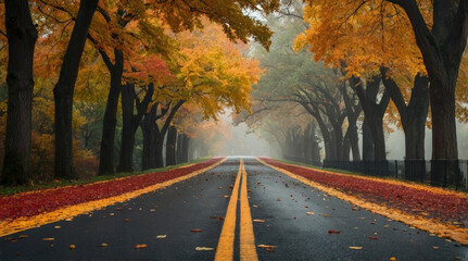 Obraz premium A landscape photograph capturing a straight, wet asphalt road stretching into the distance, flanked by tall trees adorned with vibrant autumn foliage in shades of orange, red, and yellow