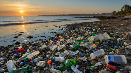 A landscape photograph depicting a polluted shoreline covered with a large amount of plastic waste and debris