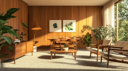 Mid Century Modern Living Room Interior Design with Wooden Furniture and Sunlight