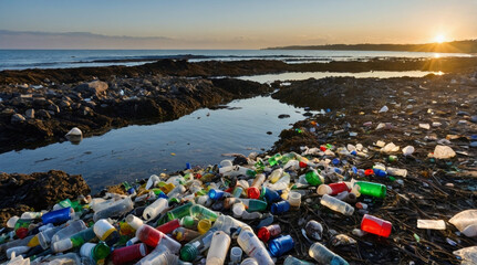 A landscape photograph depicting a polluted shoreline covered with a large amount of plastic waste and debris
