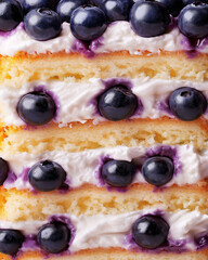 an extreme close-up, parallel horizontal front view, surface of a sliced blueberry sandwich cake, filling the entire frame with its intricate layers
