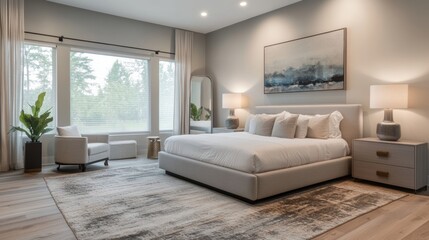 Fototapeta premium Modern Bedroom Interior Design with Large Windows and Stylish Furniture