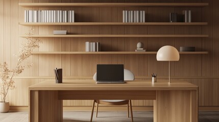 Minimalist Home Office Interior Design with Wooden Desk and Shelves