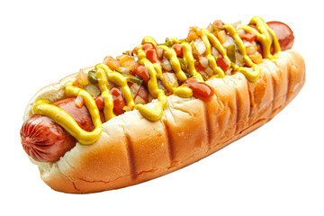 Hot dog in advertising style. Fast food concept. Isolated background, PNG template for the project