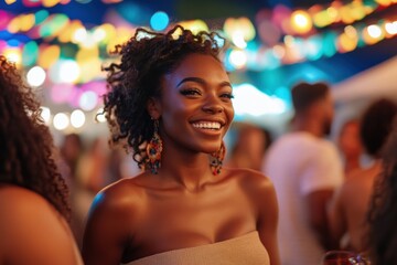 Fototapeta premium The lively background and carefree joy of the festival-goer make this image perfect for marketing travel destinations or lifestyle brands.