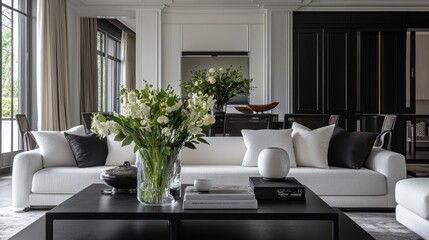 Fototapeta premium Modern Living Room Interior Design with White Sofa and Black Accents