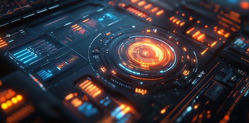 Obraz premium Closeup of a futuristic digital interface with glowing orange and blue lights.