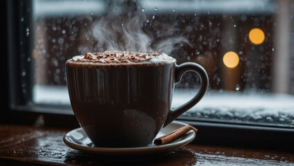 Warm cup of hot chocolate with steam swirling up, sitting on a windowsill with raindrops on the glass and a cozy indoor atmosphere.