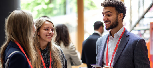 A lively conversation between three suited professionals at a trade fair, their staff lanyards visible, reflecting the collaborative and laid-back nature of corporate networking events.