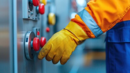 A worker in a safety orange jacket operates a control panel with red buttons, showcasing industrial operation and safety practices.