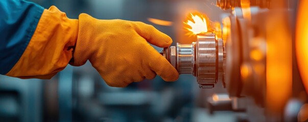 A worker in protective gloves adjusts a machine part, surrounded by sparks, showcasing industrial processes and safety in manufacturing.