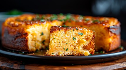 Close-up of golden cornbread with a crispy crust, served on a rustic wooden plate, soft texture, and rich in detail, [Cornbread], [comfort food]