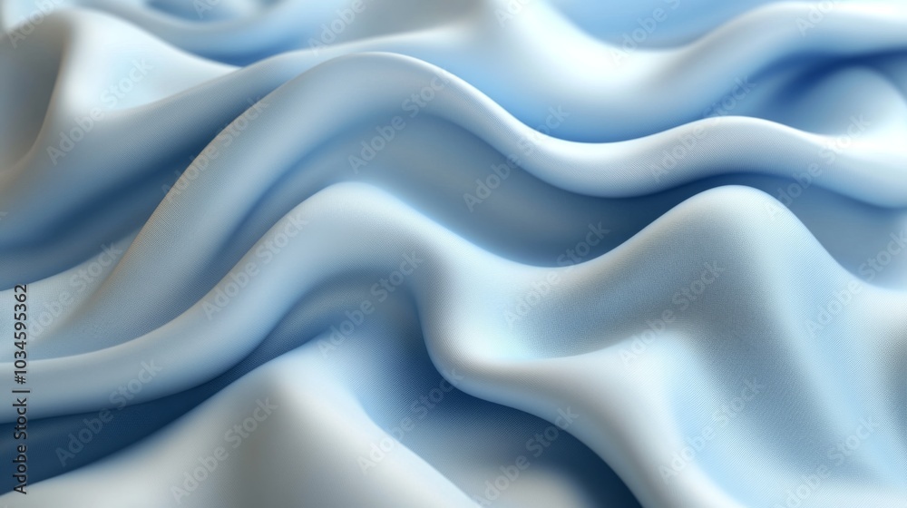 Poster A delicate blue fabric softly cascades with gentle waves, revealing its smooth texture and sheen under natural daylight, creating an inviting and tranquil ambiance.