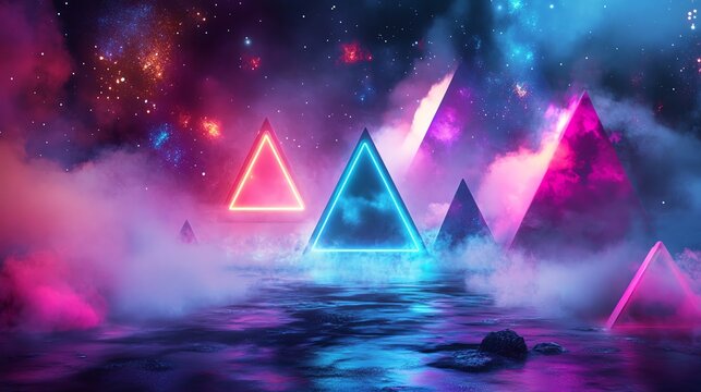 A surreal landscape with glowing neon triangles and smoky clouds against a starry night sky. - Powered by Adobe