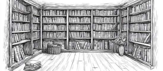 Hand Drawn Illustration of a Library with Bookshelves