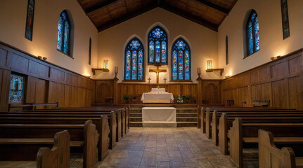 a serene church interior with a traditional architectural style. The layout features wooden pews arranged in rows leading up to an altar