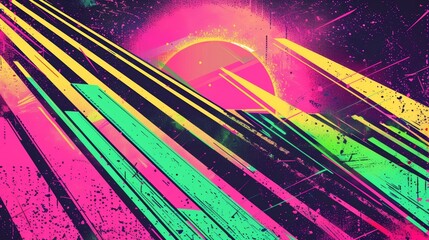 A throwback to the 80s with a retro festival poster. Bold and bright colors like neon green purple and hot pink are layered over a gritty grainy background for a dynamic and eyecatchin