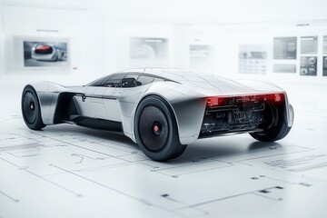A futuristic silver sports car is showcased in a modern, white studio. The car has a sleek design and large wheels. In the background are blueprints and posters of other concept cars.