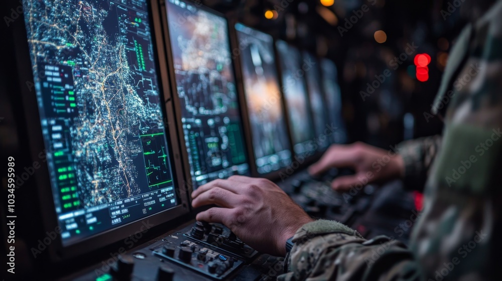 Leinwandbilder A soldier operates advanced digital mapping equipment in a dimly lit control room, analyzing real-time data on multiple screens during a tactical operation.