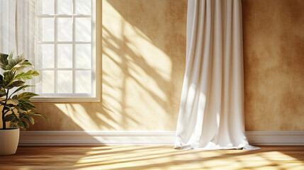 Sunlight streams through a window, illuminating a billowing white curtain. The scene symbolizes hope, new beginnings, and peaceful solitude, offering a serene and inviting atmosphere