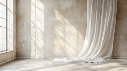 Sunlight streams through a window, illuminating a billowing white curtain. The scene symbolizes hope, new beginnings, and peaceful solitude, offering a serene and inviting atmosphere
