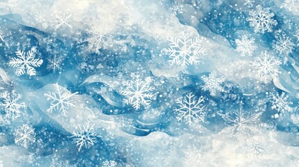 Fototapeta premium Abstract winter design featuring delicate snowflakes in varying sizes, softly scattered across a background of cool blues and whites. Blending into swirling patterns that evoke the peaceful.