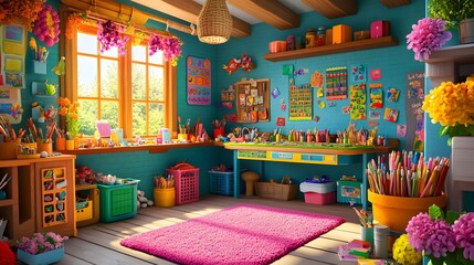 Fototapeta premium 196. A colorful arts and crafts corner with supplies and a space for a product