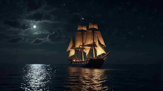 A ship sails in the middle of the sea at night. Seamless 4K looping timelapse video animation background