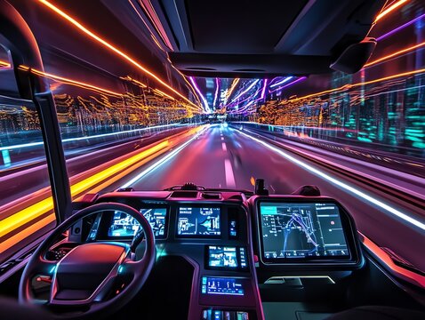 A driver's perspective of a futuristic truck driving through a city at night, with a blurred background of colorful lights.