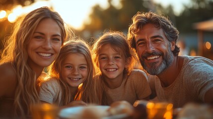 Fototapeta premium A family of four is gathered around a table filled with food, smiling and laughing together. The warm sunset creates a cheerful atmosphere, highlighting their happiness.