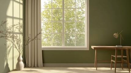 Fototapeta premium Modern Home Office with Green Wall and Natural Light