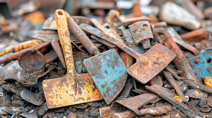 A Collection of Rusted Metal Scraps and Broken Garden Tools in a Disorganized Pile