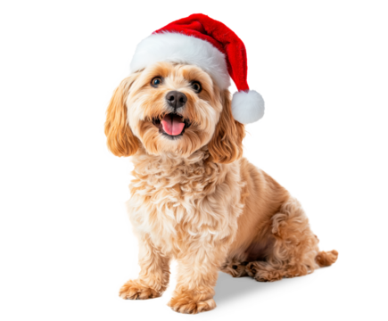 Cachorro adorável vestindo toucas de Papai Noel, transmitindo alegria e espírito natalino