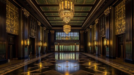 Obraz premium Grand Hall Interior with Ornate Details and Chandelier