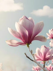 Fototapeta premium Beautiful pink magnolia flower blooming against a soft blue sky with fluffy clouds, capturing the essence of springtime.