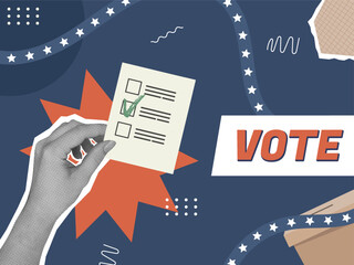 Trendy halftone election voting collage in magazine style. Election campaign vector illustration