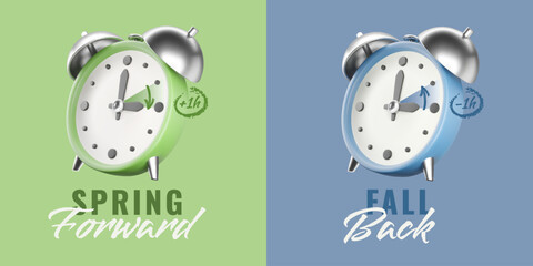 Daylight Saving Time concept with 3D alarm clock. Vector set with text spring forward and fall back, green and blue colors