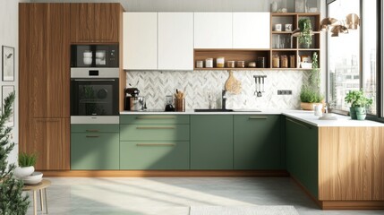 Modern Kitchen Design with Green Cabinets and Wood Accents