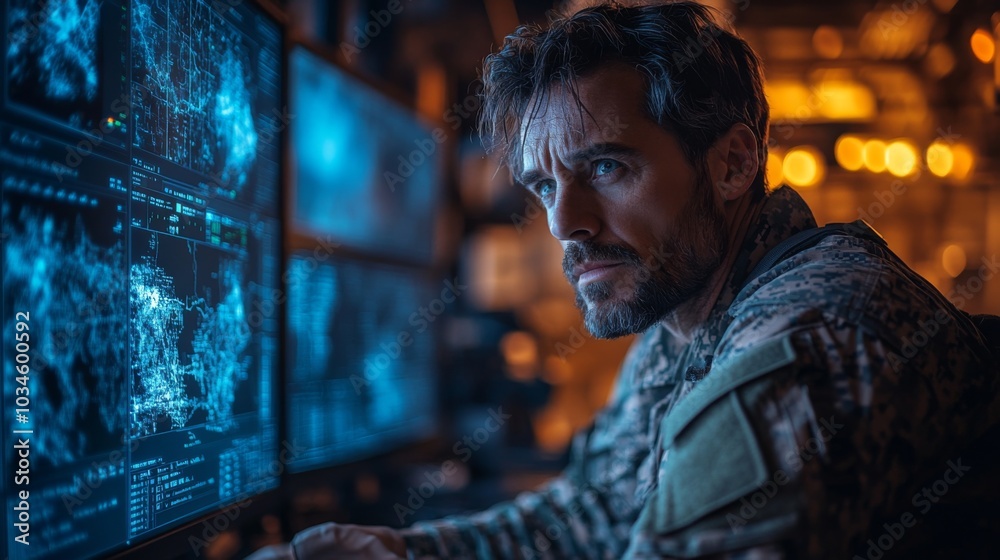 Aufkleber A soldier focuses intently on multiple computer screens, displaying intricate digital data while working late at night in a command center filled with advanced technology.