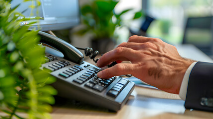 a hand is seen dialing a number on a sleek office telephone