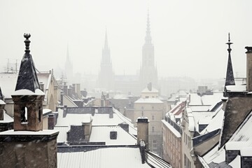 Obraz premium Winter European town in snowy mourning. Aerial view of snowy rooftops and church in city. Architecture and history concept. Christmas and New Year celebration. Travel and vacation