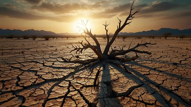Dry tree in the middle of a dry barren desert. The ground is dry and cracked. Seamless 4K looping timelapse video animation background