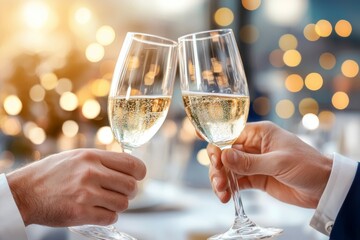 Two people are holding up their wine glasses to toast